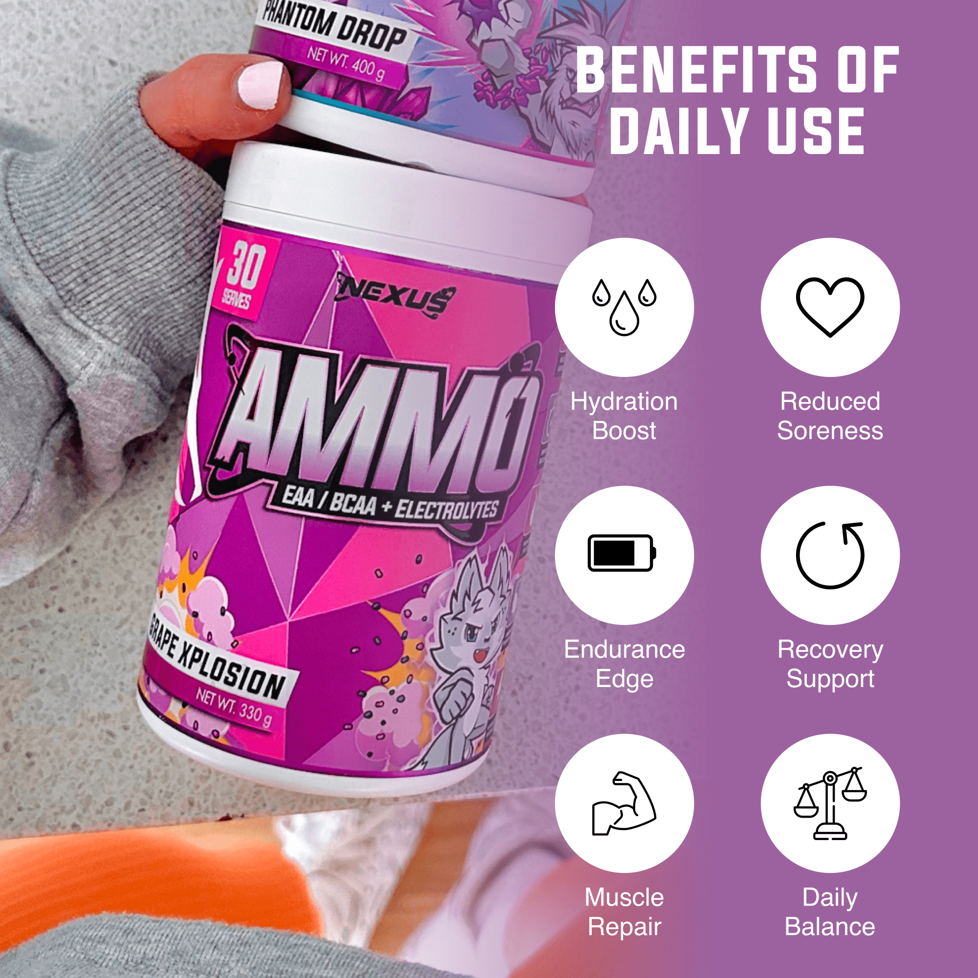 Nexus Nutrition AMMO Aminos in GrapeXplosion flavor, showing the colorful supplement bottle with label and cap.