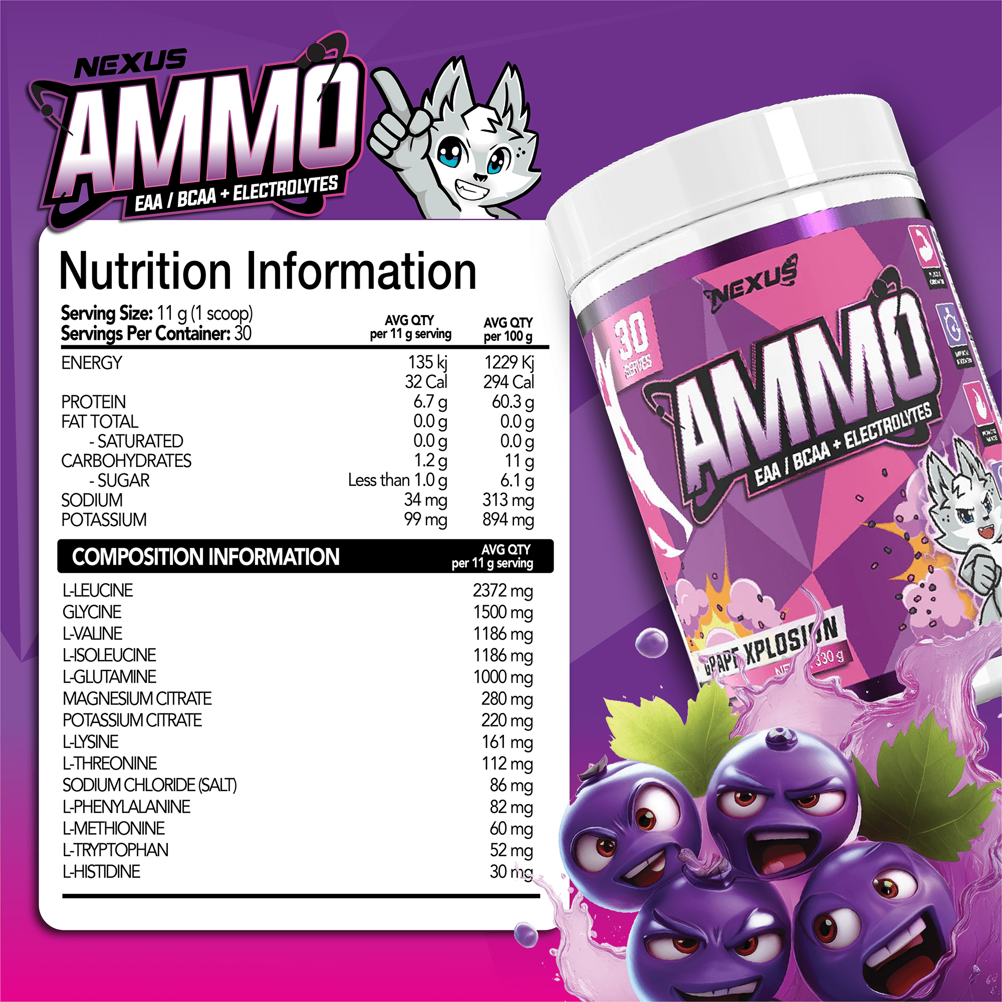 Nexus Nutrition AMMO Aminos in GrapeXplosion flavor, showing a container of amino supplement powder with vibrant label design.