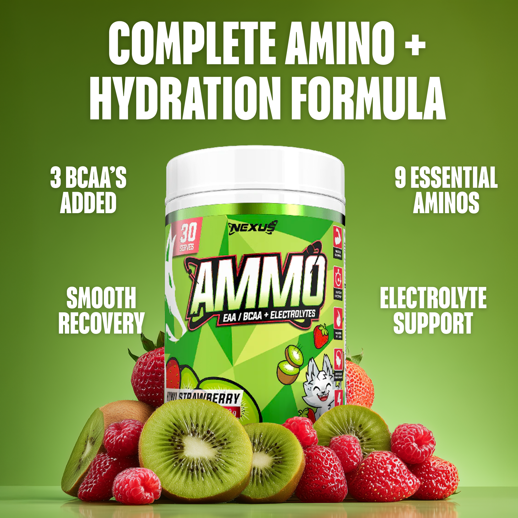 Nexus Nutrition AMMO Aminos in Kiwi Strawberry flavor, showing a bottle of amino acid supplement with kiwi and strawberry imagery.