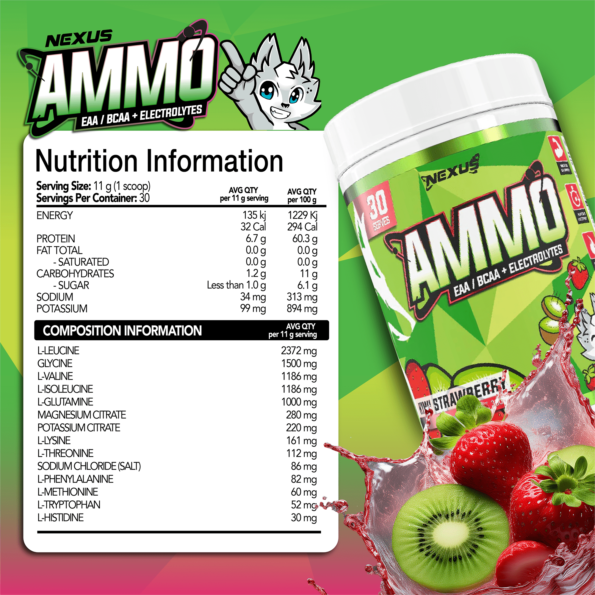 Nexus Nutrition AMMO Aminos in Kiwi Strawberry flavor, featuring a container with the supplement powder and colorful label.