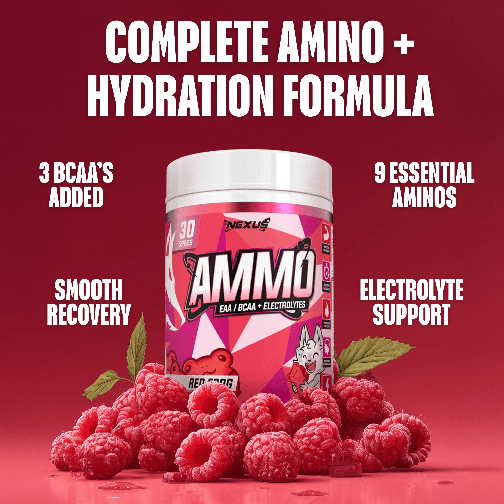 Nexus Nutrition AMMO Aminos supplement with red frogs on the label, designed to support muscle recovery and energy.