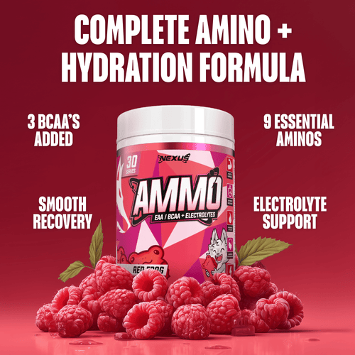 Nexus Nutrition AMMO Aminos supplement with red frogs on the label, designed to support muscle recovery and energy.