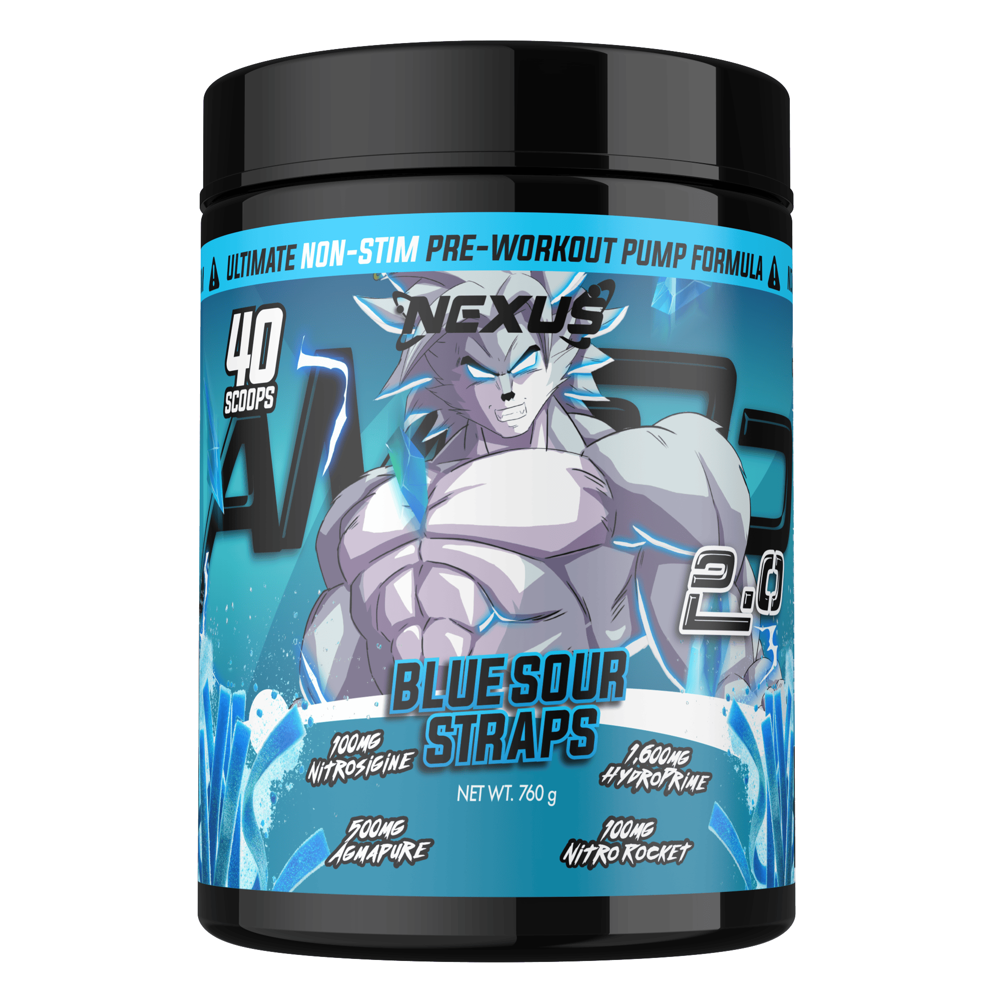 Blue Sour Straps flavored AMP3D 2.0 Non-Stim Pre-Workout supplement by Nexus Nutrition in resealable packaging.