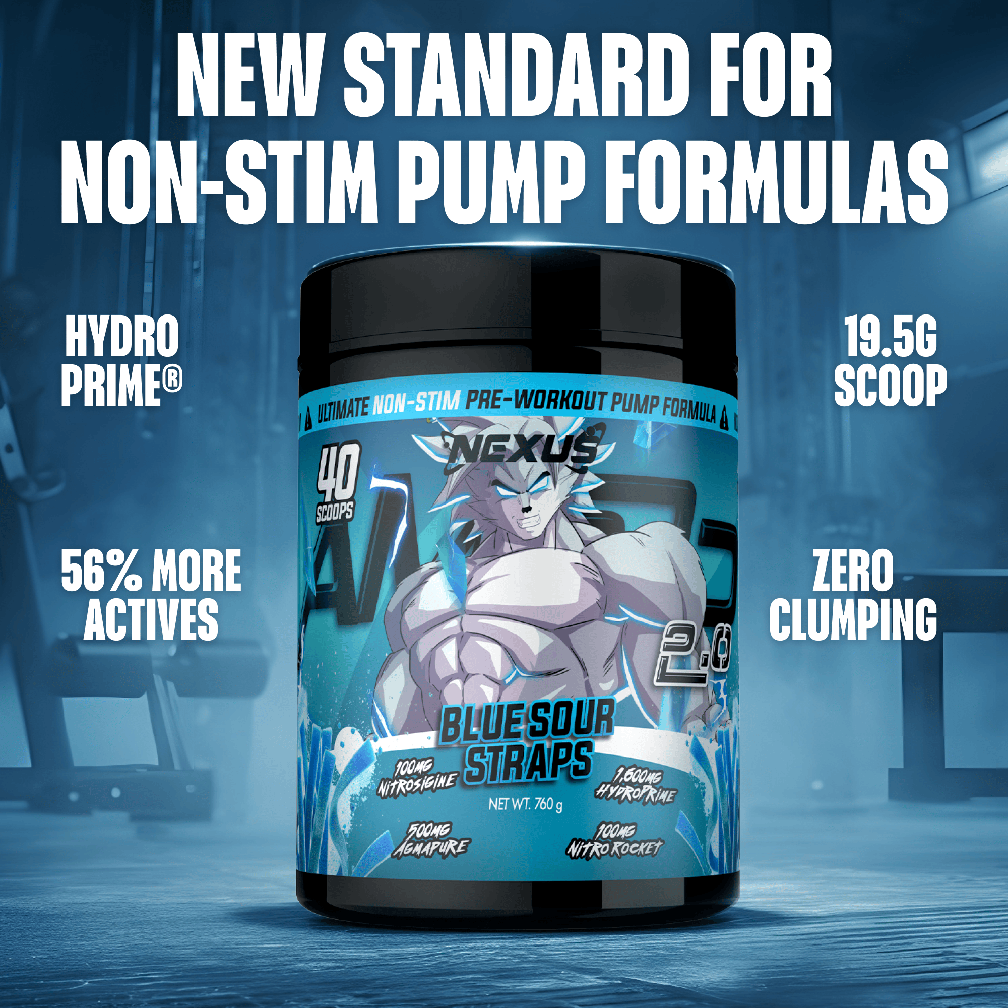 Blue sour straps flavored AMP3D 2.0 Non-Stim Pre-Workout by Nexus Nutrition in a resealable pouch.
