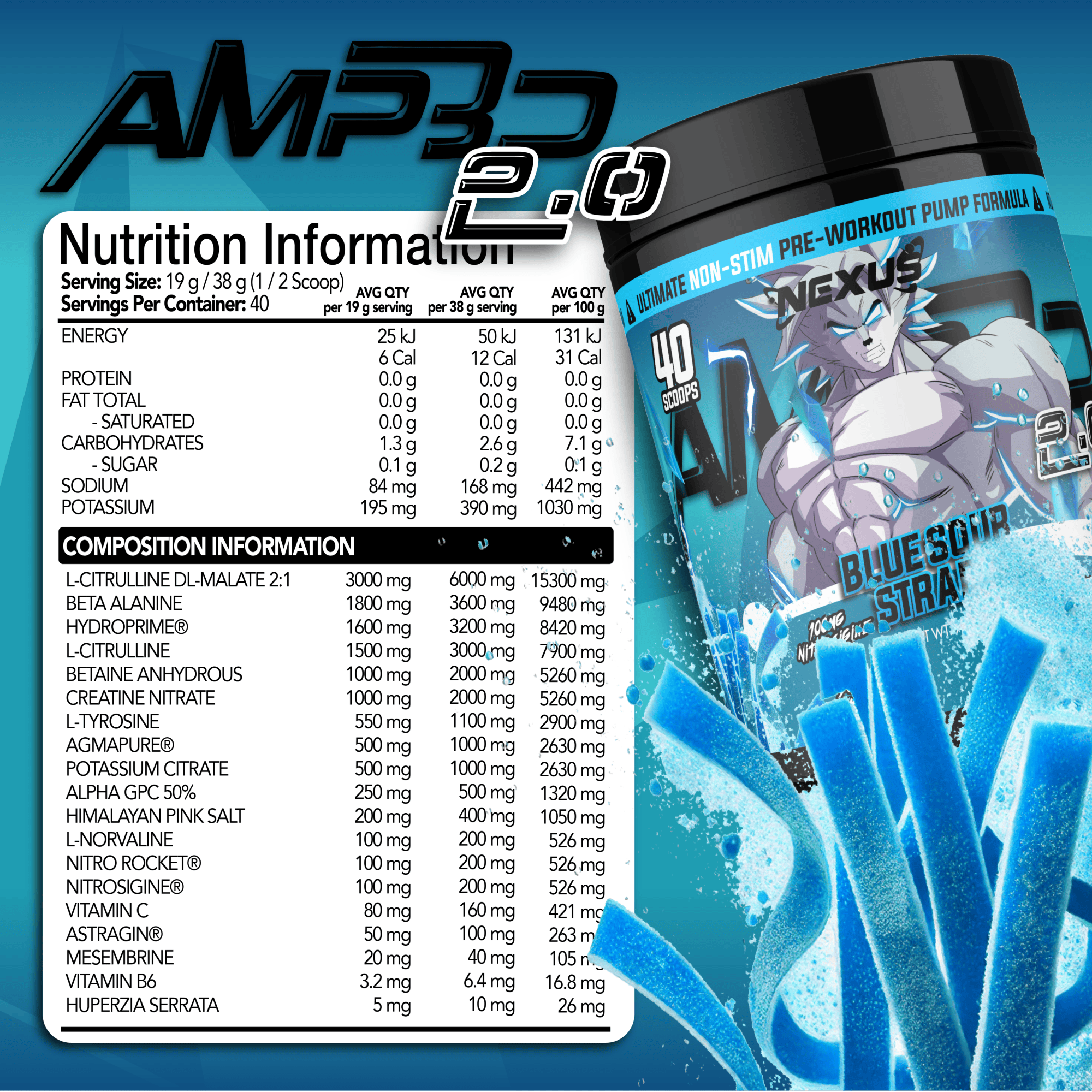 Blue Sour Straps flavored AMP3D 2.0 non-stim pre-workout supplement from Nexus Nutrition, shown in the image.