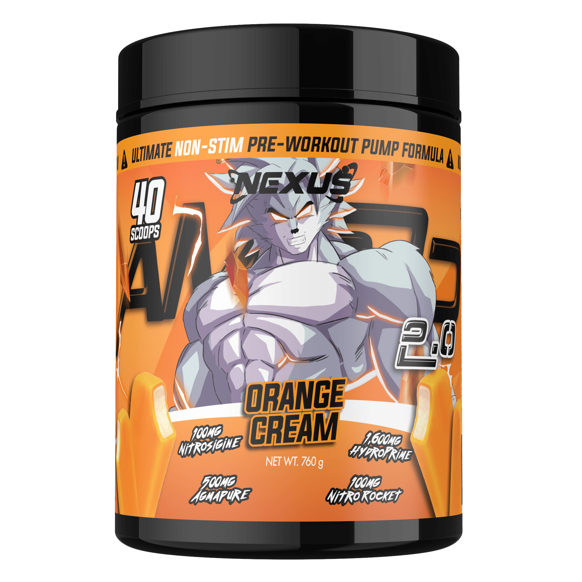 Nexus Nutrition AMP3D 2.0 Orange Cream non-stim pre-workout powder in a clear container with an orange and cream label.