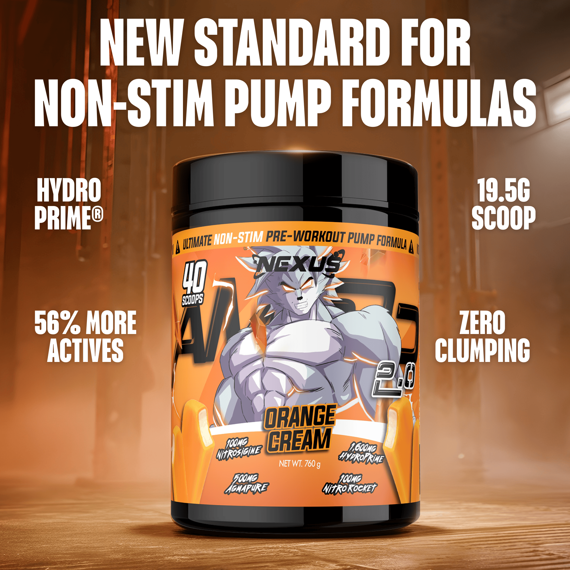 Nexus Nutrition AMP3D 2.0 Non-Stim Pre-Workout in orange cream flavor, showing the supplement container with orange cream flavor label.