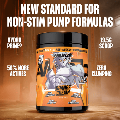 Nexus Nutrition AMP3D 2.0 Non-Stim Pre-Workout in orange cream flavor, showing the supplement container with orange cream flavor label.