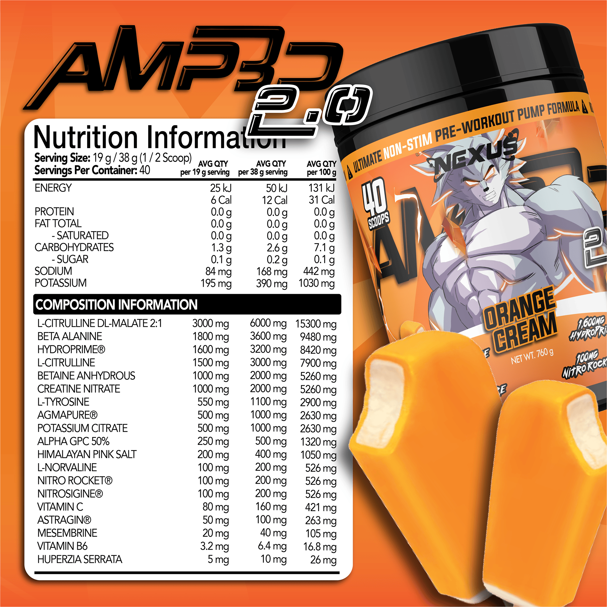 Nexus Nutrition AMP3D 2.0 Non-Stim Pre-Workout powder in orange cream flavor, shown in a clear container with scoop.