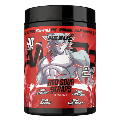 Nexus Nutrition AMP3D 2.0 Non-Stim Pre-Workout tub with red sour straps flavor and supplement label visible.