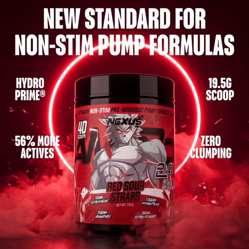 Nexus Nutrition AMP3D 2.0 Non-Stim Pre-Workout powder in red sour straps flavor, shown in a clear container.