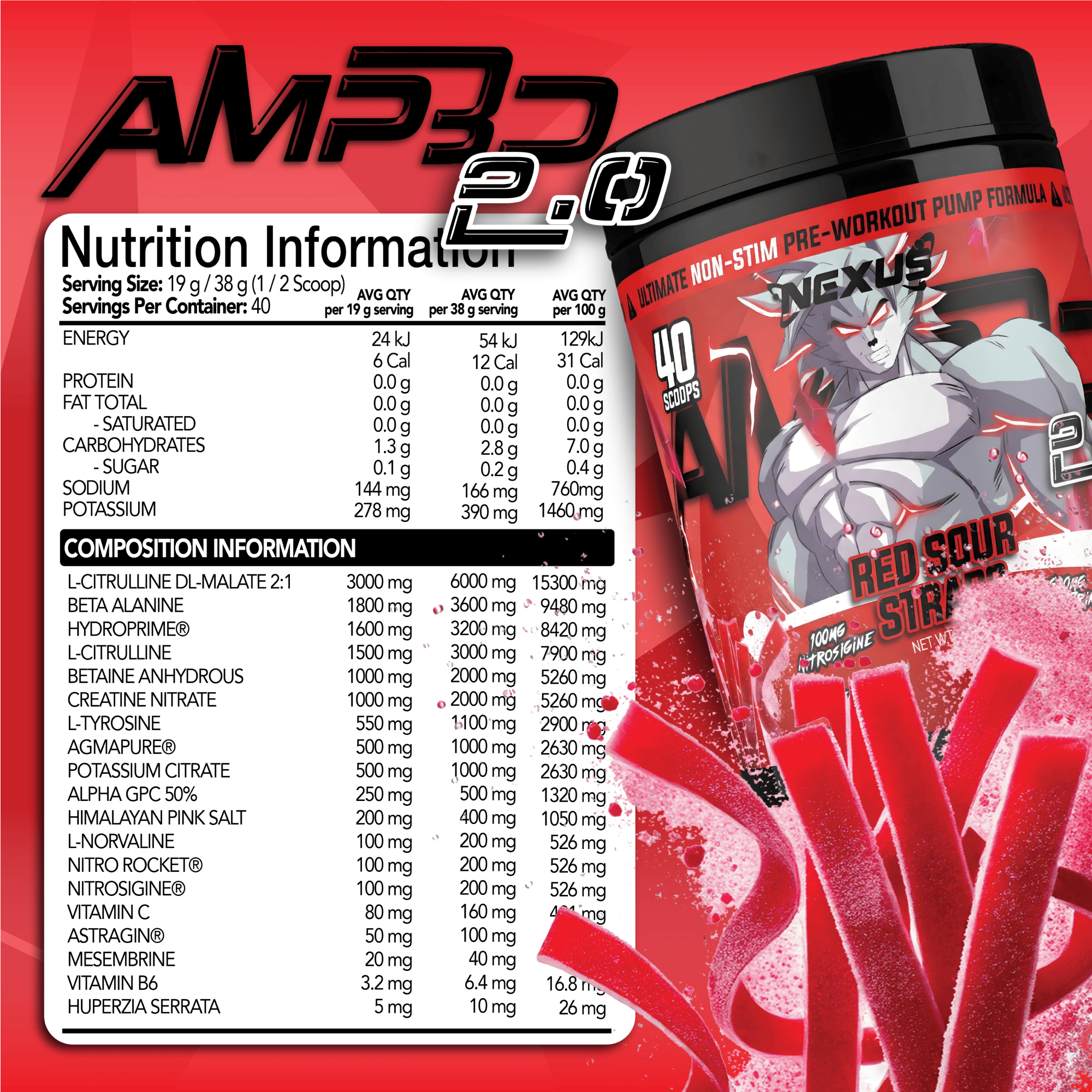 Nexus Nutrition AMP3D 2.0 Non-Stim Pre-Workout supplement with red sour straps flavor, shown in a clear container.