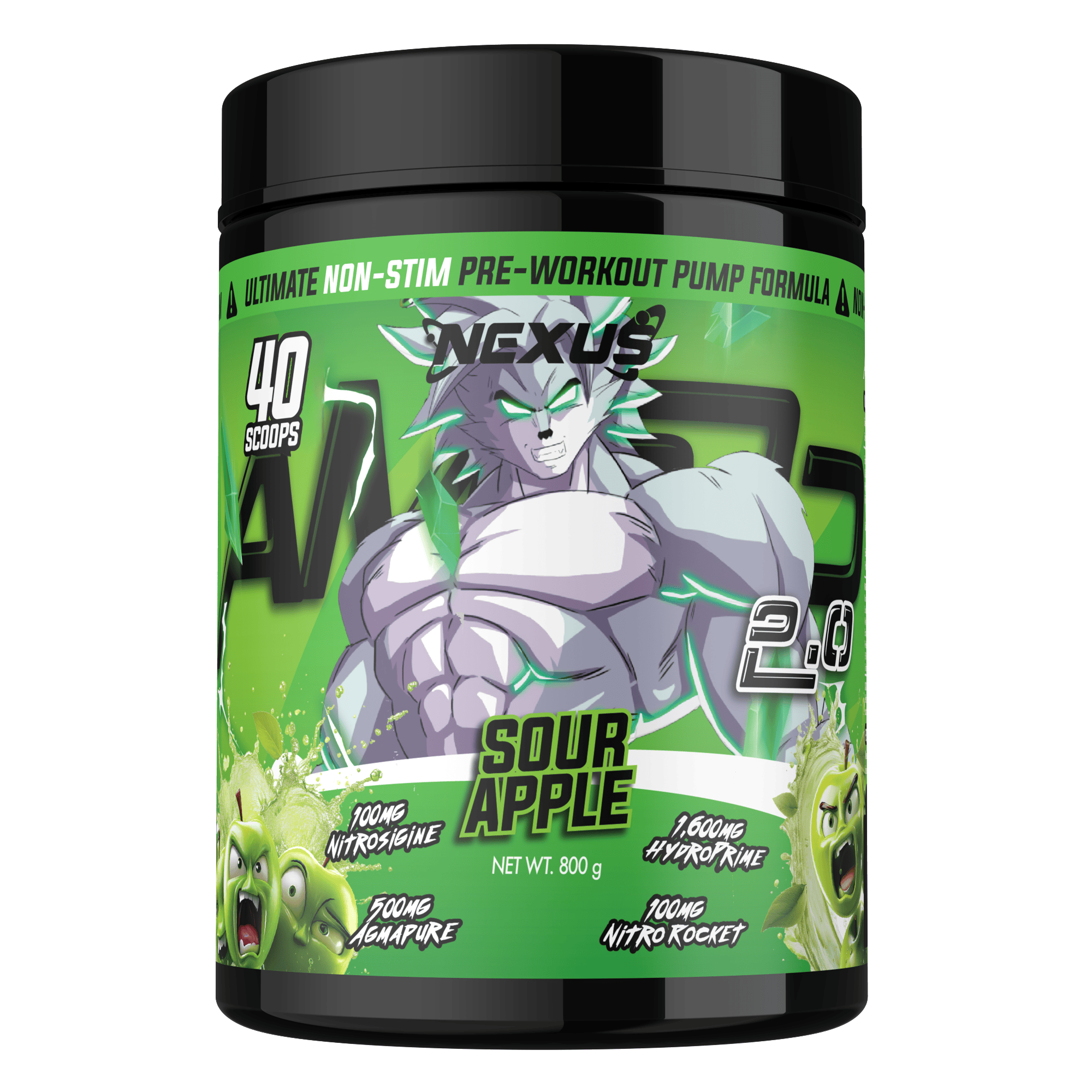 Nexus Nutrition AMP3D 2.0 Sour Apple non-stim pre-workout powder in a container with label and scoop.