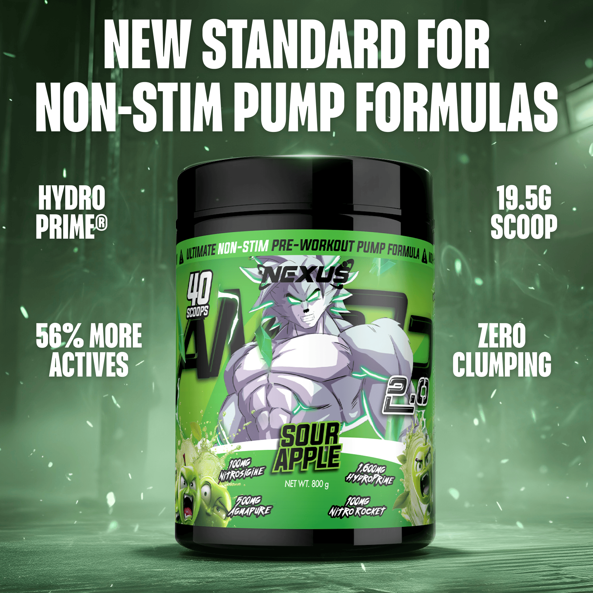 Nexus Nutrition AMP3D 2.0 Non-Stim Pre-Workout powder in sour apple flavor, shown in a clear container with the label visible.
