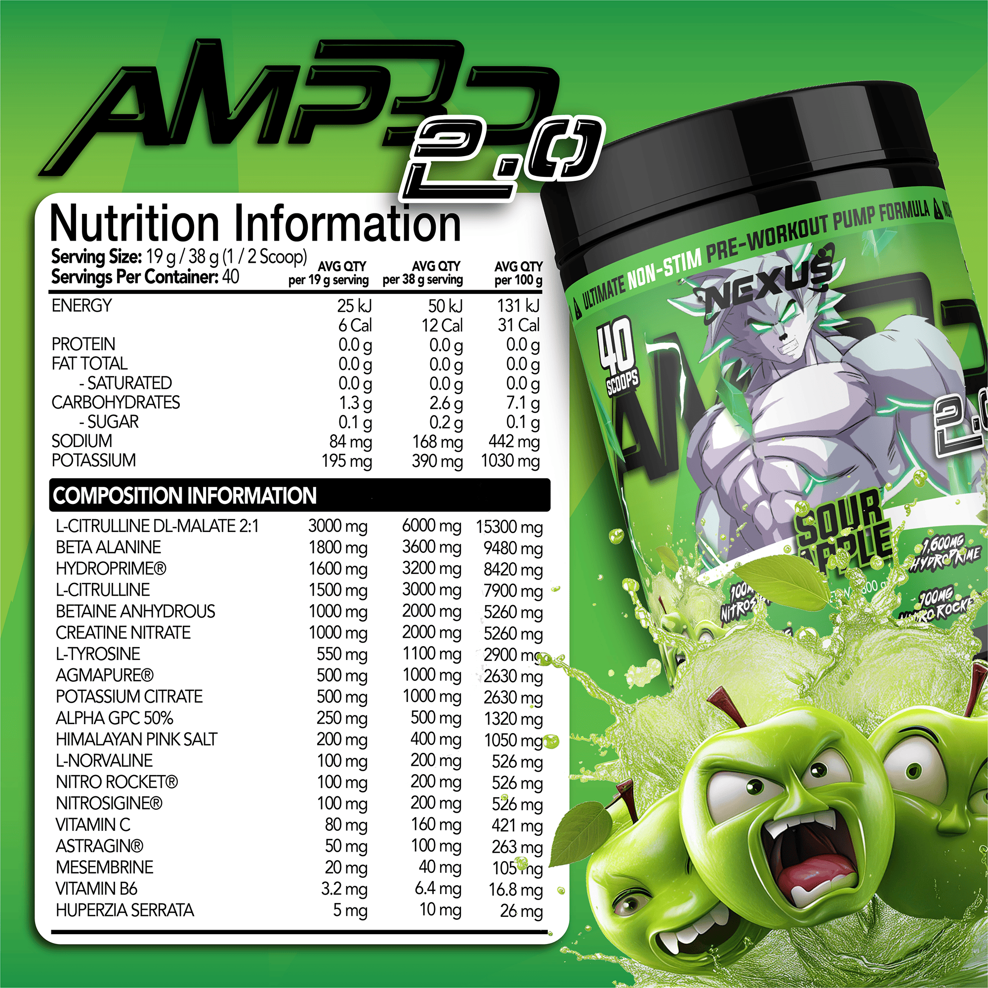 Nexus Nutrition AMP3D 2.0 Sour Apple non-stim pre-workout powder in a container with a scoop and flavor label.