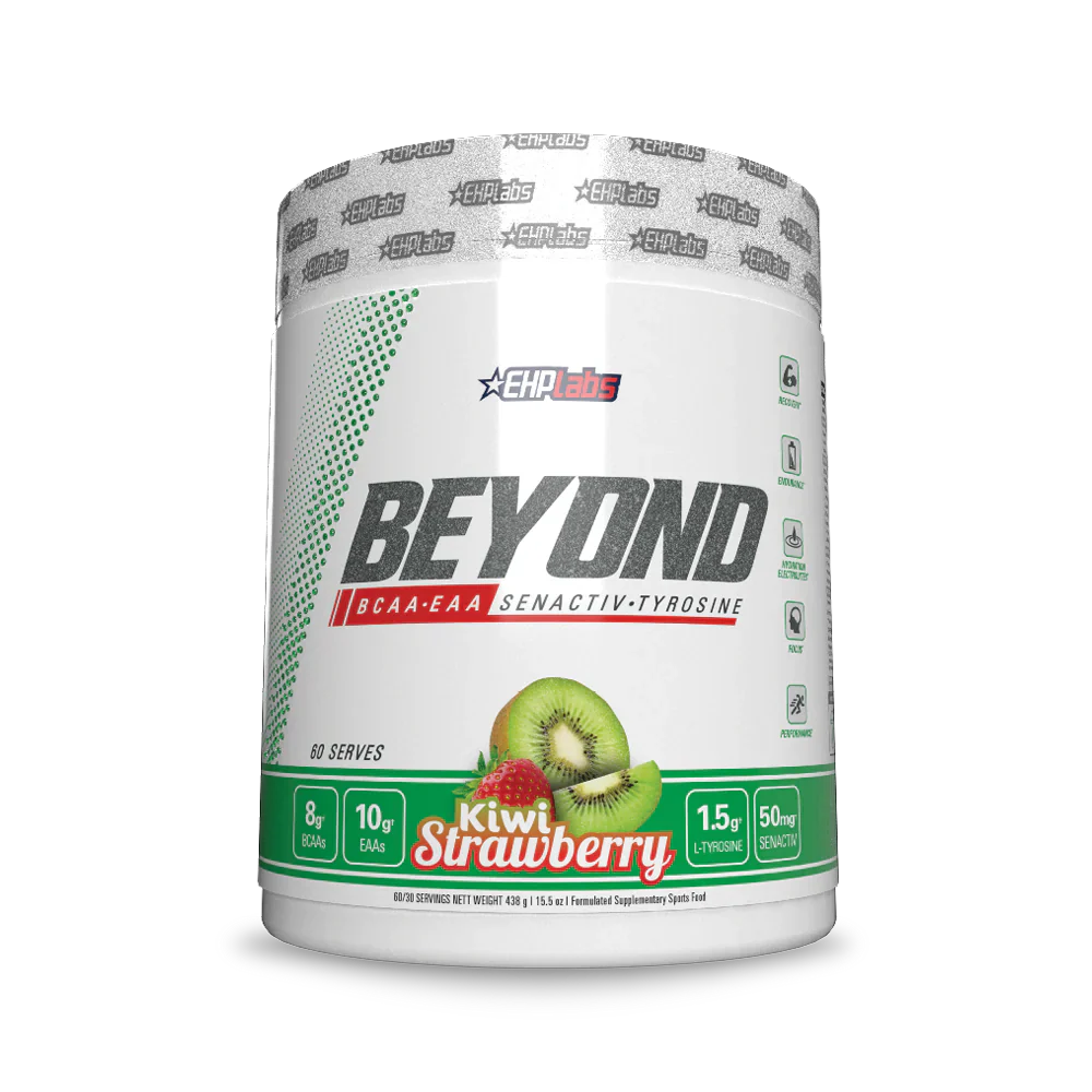 EHP LABS Beyond BCAA + EAA supplement in a clear container with scoop, showing the product label and branding.