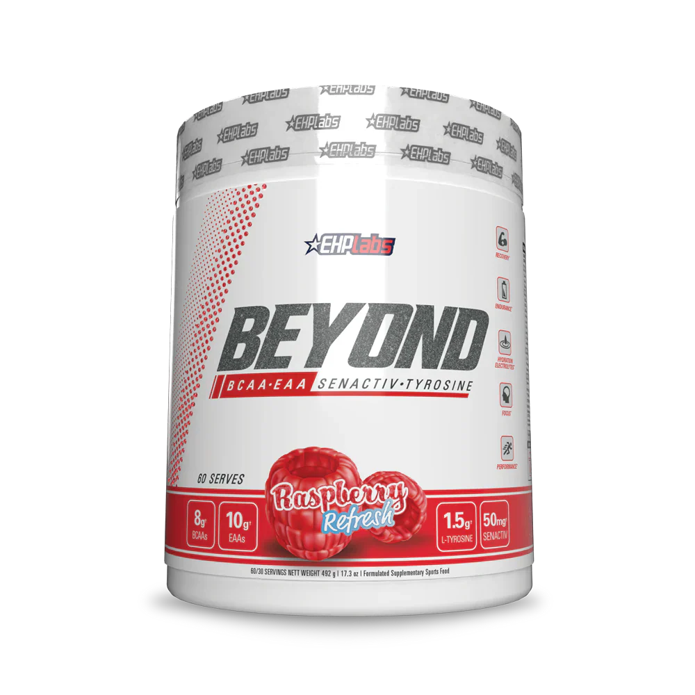 EHP LABS Beyond BCAA + EAA powder in a container with scoop, showing the supplement packaging and label details.