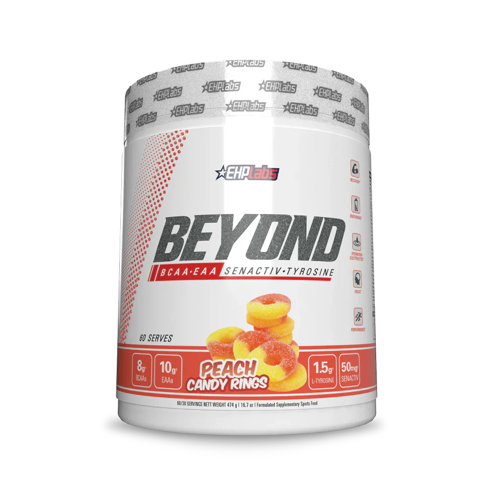 EHP LABS Beyond BCAA + EAA supplement container with colorful label, showing a fitness powder supplement for muscle recovery.