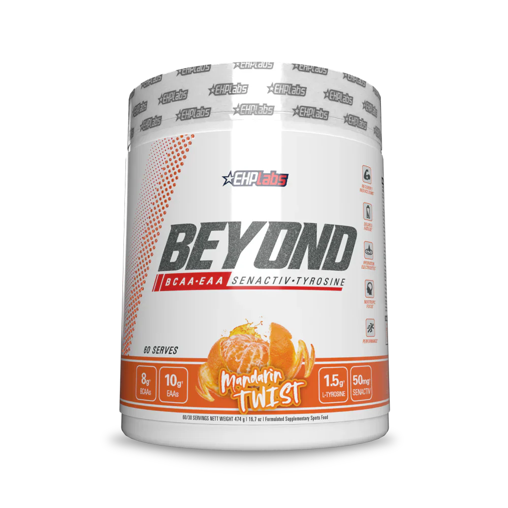 EHP LABS Beyond BCAA + EAA in Mandarin Twist flavor, showing a clear container of the dietary supplement powder with the product label.