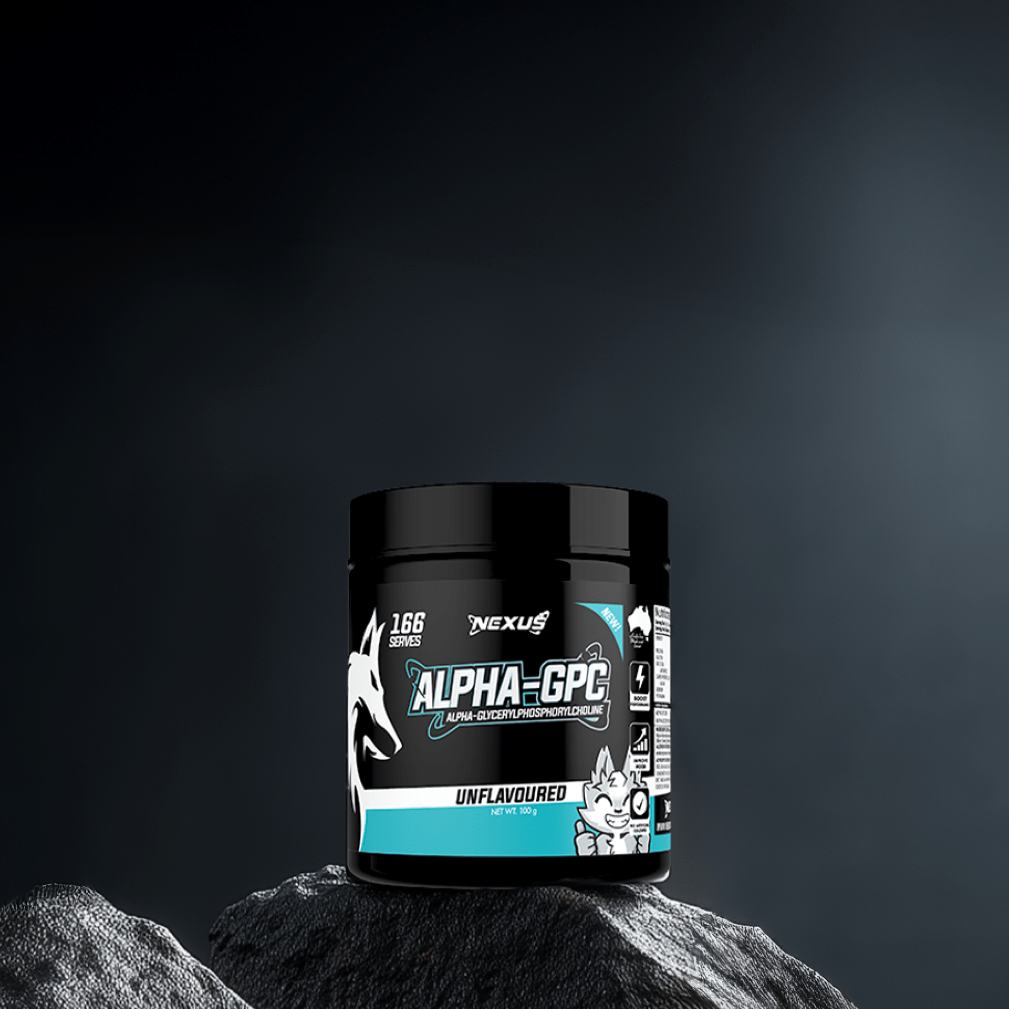 Nexus Sports Nutrition Alpha GPC essentials supplement in a white bottle with a label, showcasing the product for cognitive support.