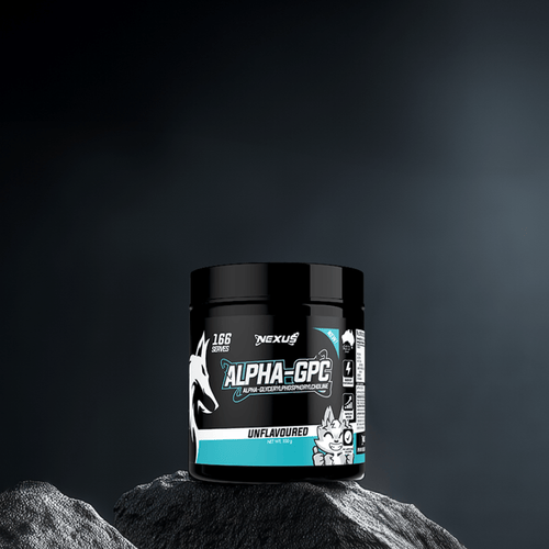 Nexus Sports Nutrition Alpha GPC essentials supplement in a white bottle with a label, showcasing the product for cognitive support.