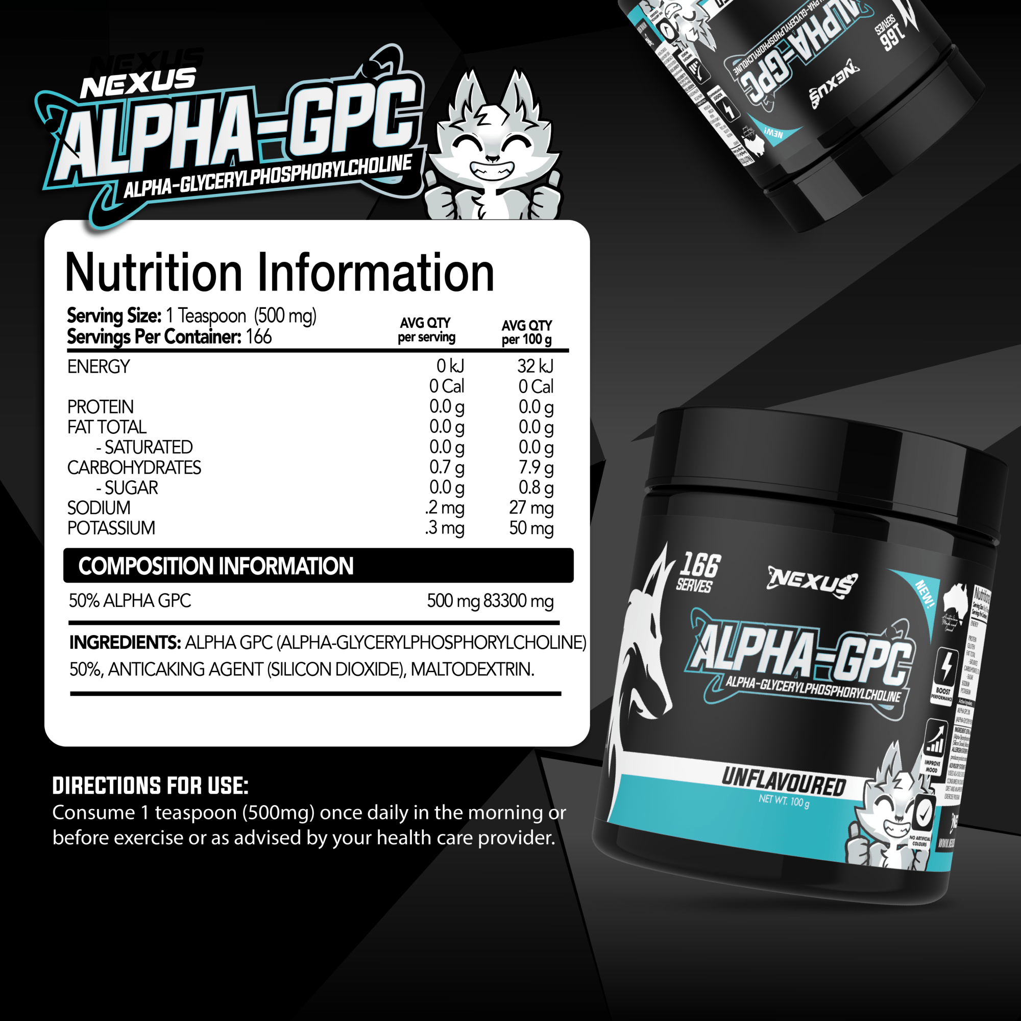 Nexus Sports Nutrition Alpha GPC supplement bottle showing label with capsules and branding in a clean setting.