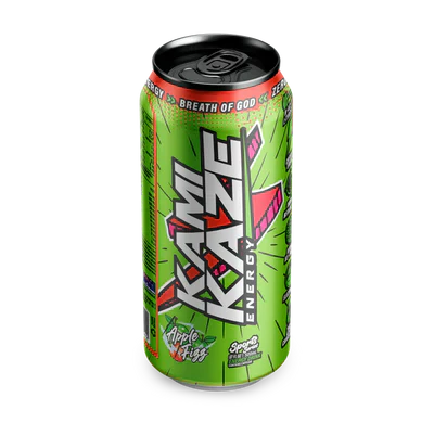KAMIKAZE ENERGY KAMIKAZE flavor drink can with vibrant design and colorful graphics on a white background.