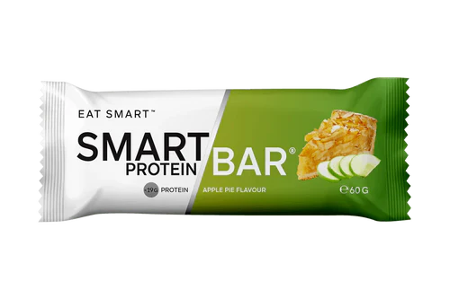 Smart Protein Bar from Smart Diet Solutions with apple pie flavor, showing the bar's texture and apple slices on the packaging.