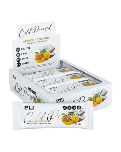 Fibre Boost Protein Bar box featuring apricot and coconut flavor, cold-pressed fiber boost snack, 12 bars in package