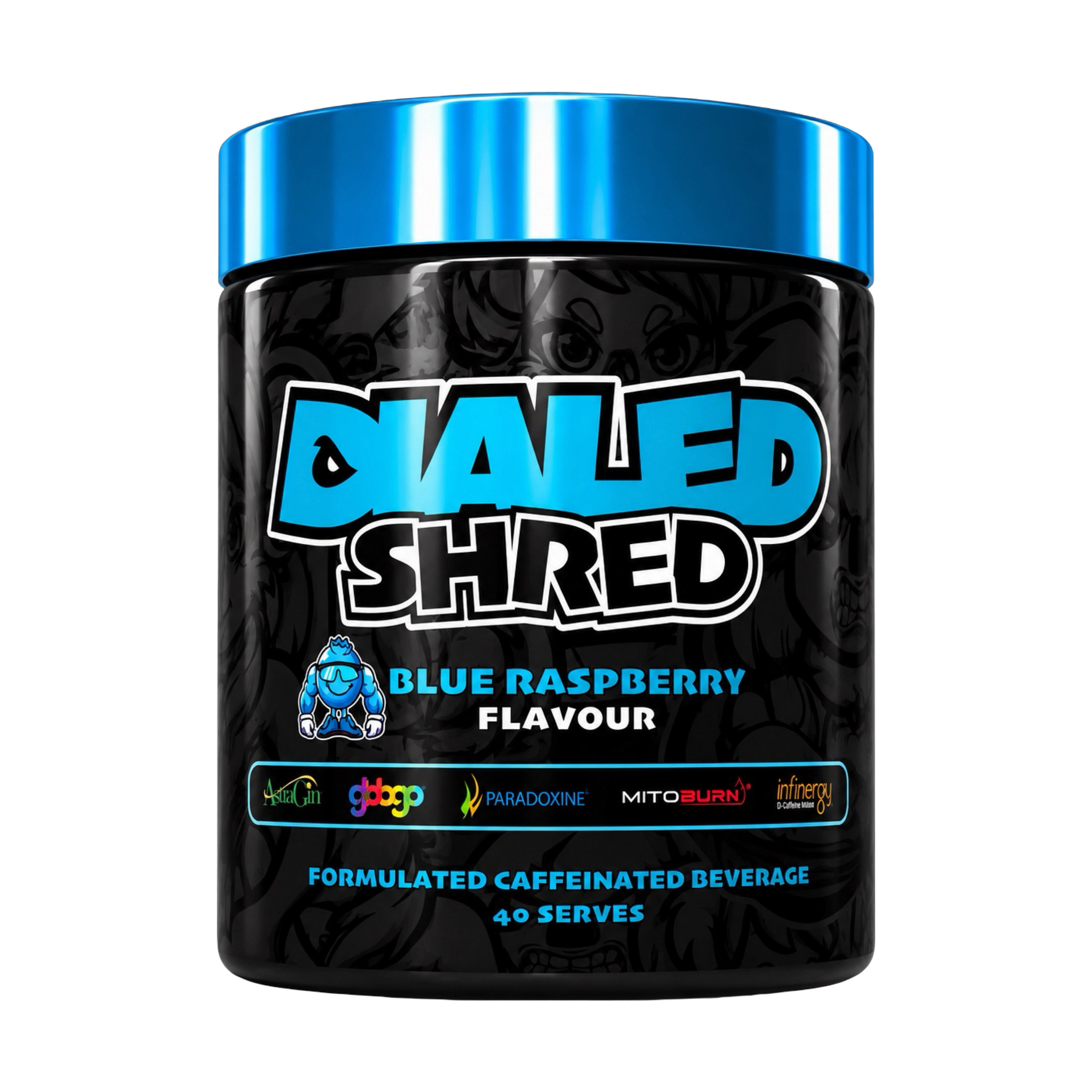 Close-up of The X Athletics Dialed Shred fitness supplement container with label showing product name and branding.