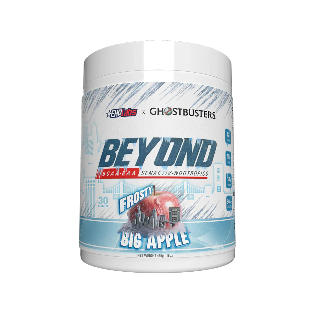 EHP LABS Beyond BCAA + EAA container with Frosty Big Apple flavor, showing the front label and product branding.