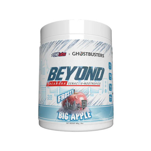 EHP LABS Beyond BCAA + EAA container with Frosty Big Apple flavor, showing the front label and product branding.