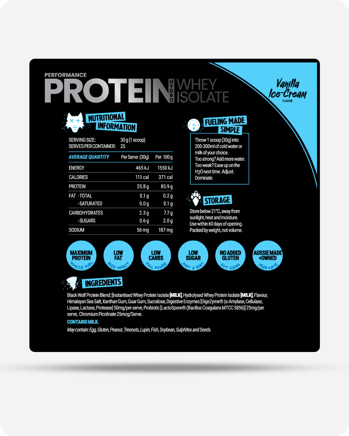 Black Wolf Performance Protein by Black Wolf Nutrition in a sleek tub, showcasing the protein supplement used for muscle recovery.