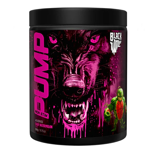 Black Wolf Nutrition Black Wolf Pump supplement in sour watermelon flavor, featuring a sleek black bottle with vibrant label details.