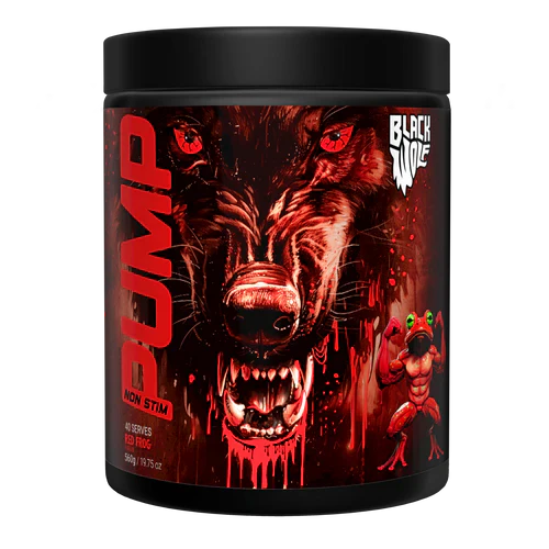 Black Wolf Nutrition Black Wolf Pump supplement container with red frog logo, showcasing the product label and design.