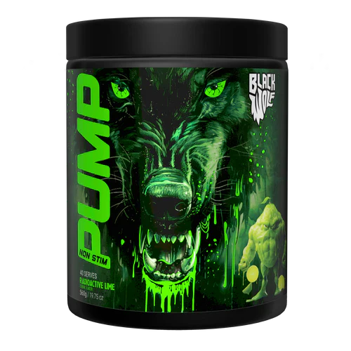 Black Wolf Nutrition Black Wolf Pump in radioactive lime color, showing the vibrant, compact supplement container with branding.