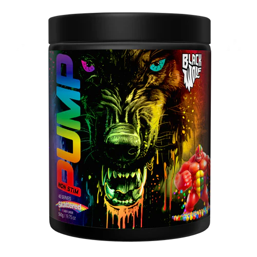 Black Wolf Nutrition Black Wolf Pump container with spilled powder and scattered candy on a white background.