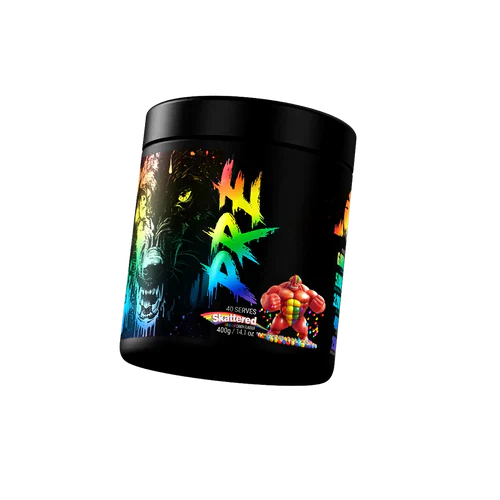 Black Wolf Nutrition Black Wolf Pre-Workout supplement container with black and bold design, shown from a scattered angle.