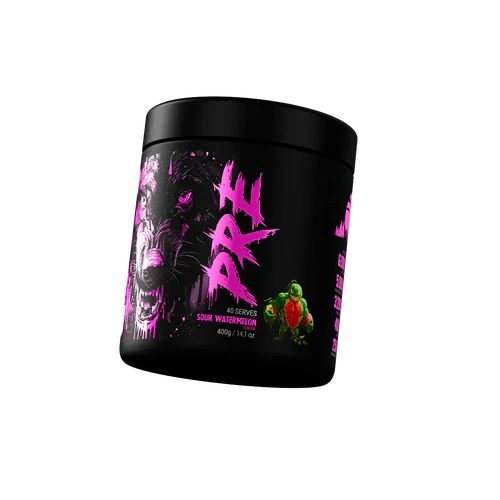 Black Wolf Nutrition Black Wolf Pre-Workout supplement in Sour Watermelon flavor, shown in a clear plastic bottle with label details