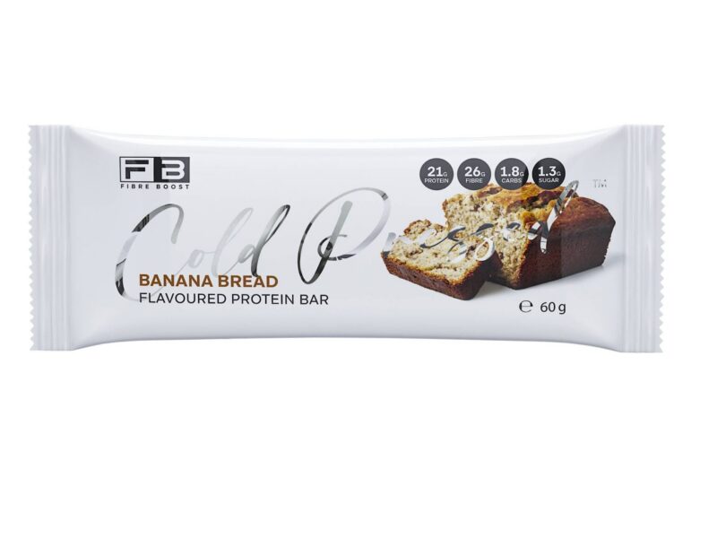 Fibre Boost protein bar with banana bread flavor, showing a close-up of the bar with banana bread slices in the background.