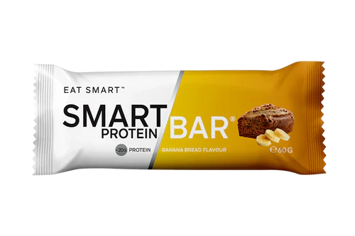 Smart Protein Bar from Smart Diet Solutions with banana bread flavor, showing the bar wrapped in packaging on a plain background.