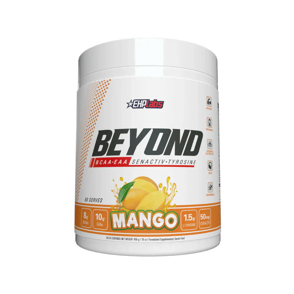 EHP LABS Beyond Mango BCAA and EAA powder for intra-workout nutrition, showing the mango-flavored supplement container.