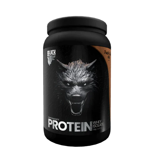 Black Wolf Nutrition Black Wolf Performance Protein isolate powder container with label and scoop for muscle recovery and nutrition.