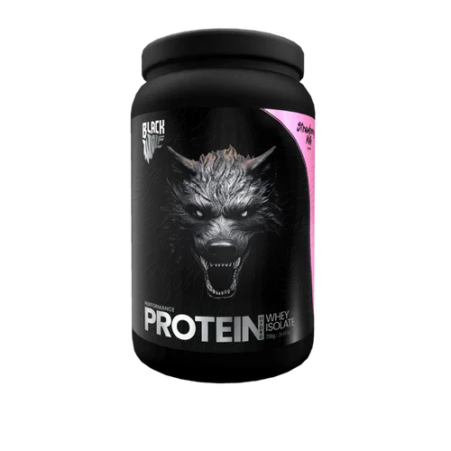 Black Wolf Performance Protein isolate powder in a straw-colored container from Black Wolf Nutrition, designed for muscle recovery.