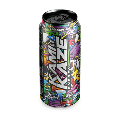 KAMIKAZE Energy drink can in blue raspberry flavor with a vibrant label featuring the KAMIKAZE brand logo and energetic design.