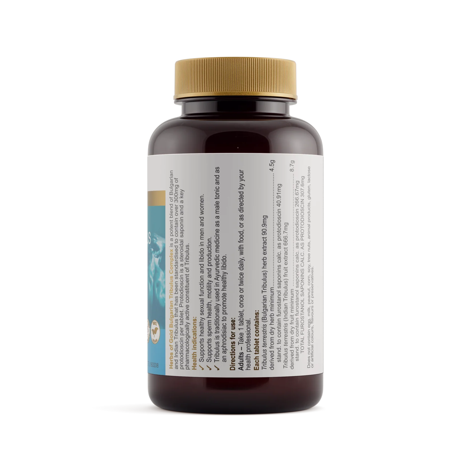 Herbs of Gold Bulgarian Tribulus Complex supplement bottle with label, showcasing herbal product for natural health support.
