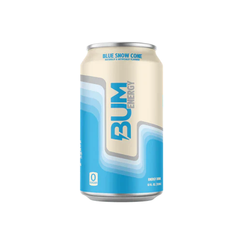 BUM ENERGY RTD drink with blue snow cone flavor in a sleek bottle, showcasing the vibrant blue liquid and label design.