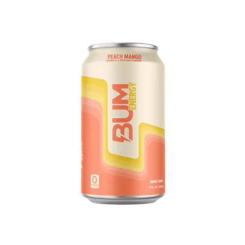 BUM ENERGY RTD beverage with peach and mango flavor in a sleek bottle, showcasing the colorful label and vibrant fruit images.