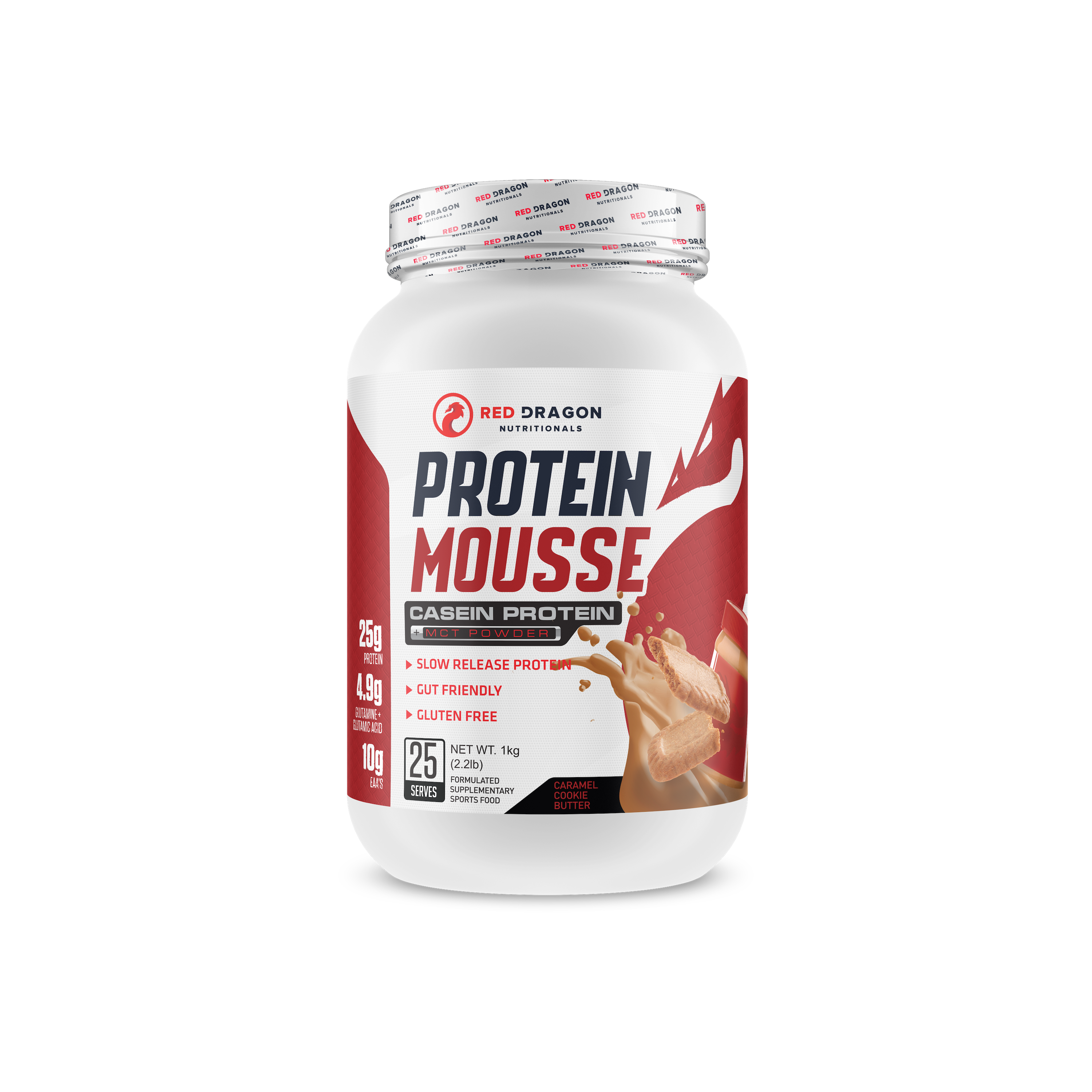 Red Dragon Nutritionals RDN Protein Mousse with caramel flavor, showcasing a creamy dessert in a bowl with a caramel topping.