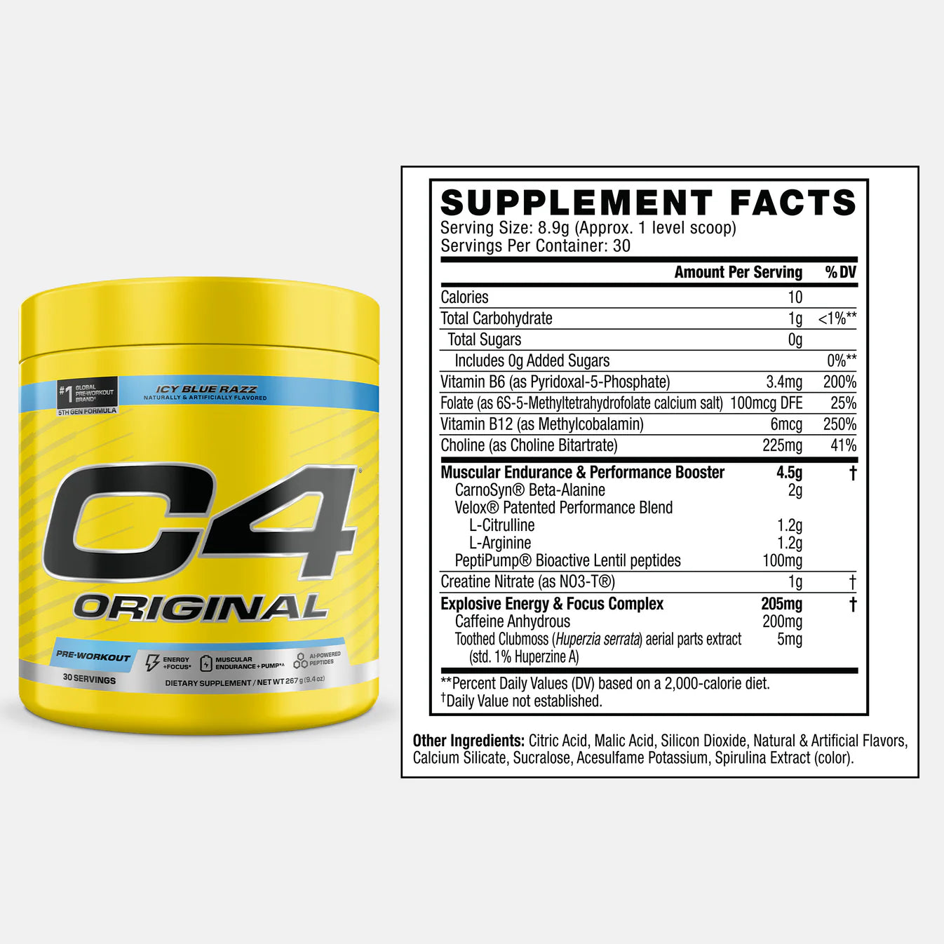 Cellucor C4 Original Pre-Workout powder in a container with scoop, designed for energy and performance enhancement.